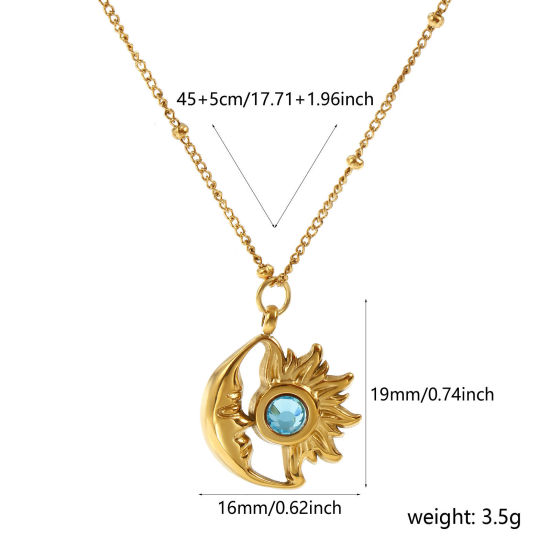 Immagine di 18K Vero Oro Placcato Catena del Barbazzale Sole & Luna Collana con Ciondolo, 304 Acciaio Inossidabile & Strass 45cm + 5cm, Per Donne, Zaffiro Chiaro Strass Dicembre Pietre Nascita Placcatura Sottovuoto PVD Ecologica, 1 Pz