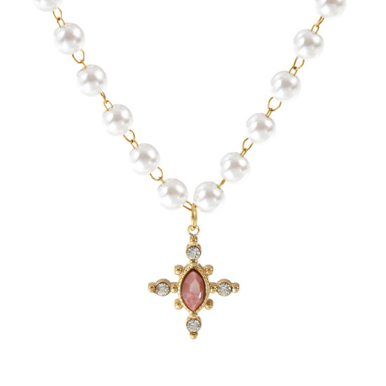 Bild von 18K Echtgold plattiert Perlenkette Kreuz Anhänger Halskette, 304 Edelstahl & Halbedelstein 45cm, Für Frauen, Transparent Strassstein Dunkelrosa Acryl Imitat Perle, Umweltfreundliche PVD-Vakuumbeschichtung, 1 Strang