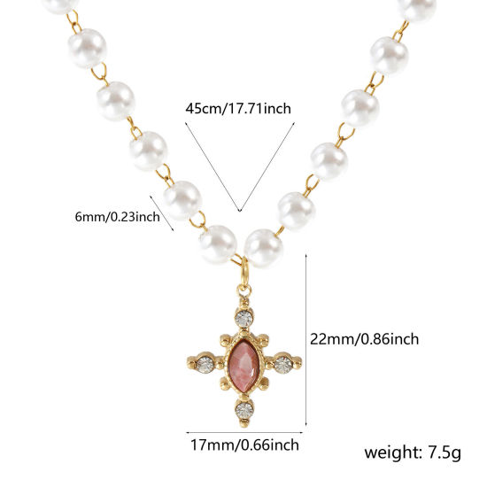 Bild von 18K Echtgold plattiert Perlenkette Kreuz Anhänger Halskette, 304 Edelstahl & Halbedelstein 45cm, Für Frauen, Transparent Strassstein Dunkelrosa Acryl Imitat Perle, Umweltfreundliche PVD-Vakuumbeschichtung, 1 Strang