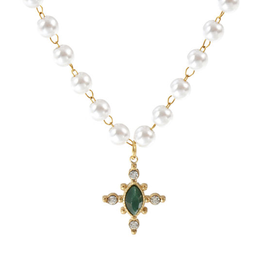 Bild von 18K Echtgold plattiert Perlenkette Kreuz Anhänger Halskette, 304 Edelstahl & Halbedelstein 45cm, Für Frauen, Transparent Strassstein Grün Acryl Imitat Perle, Umweltfreundliche PVD-Vakuumbeschichtung, 1 Strang