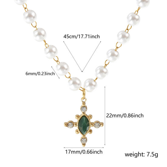 Bild von 18K Echtgold plattiert Perlenkette Kreuz Anhänger Halskette, 304 Edelstahl & Halbedelstein 45cm, Für Frauen, Transparent Strassstein Grün Acryl Imitat Perle, Umweltfreundliche PVD-Vakuumbeschichtung, 1 Strang
