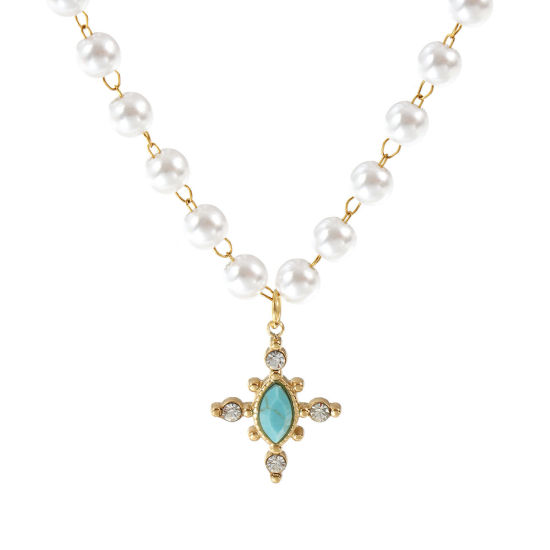 Bild von 18K Echtgold plattiert Perlenkette Kreuz Anhänger Halskette, 304 Edelstahl & Halbedelstein 45cm, Für Frauen, Transparent Strassstein Cyan Acryl Imitat Perle, Umweltfreundliche PVD-Vakuumbeschichtung, 1 Strang