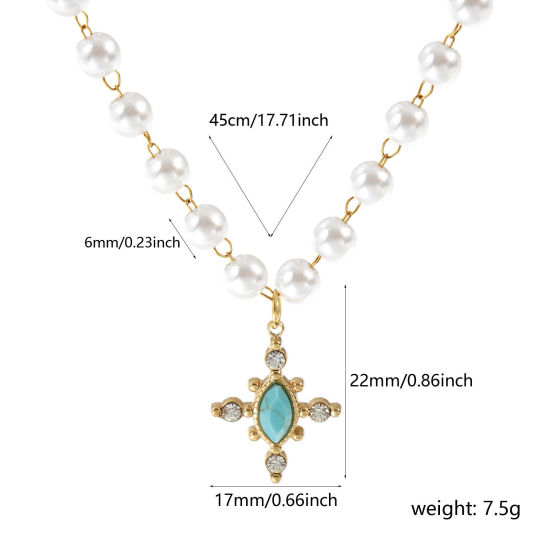 Bild von 18K Echtgold plattiert Perlenkette Kreuz Anhänger Halskette, 304 Edelstahl & Halbedelstein 45cm, Für Frauen, Transparent Strassstein Cyan Acryl Imitat Perle, Umweltfreundliche PVD-Vakuumbeschichtung, 1 Strang