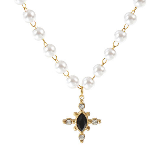 Bild von 18K Echtgold plattiert Perlenkette Kreuz Anhänger Halskette, 304 Edelstahl & Halbedelstein 45cm, Für Frauen, Transparent Strassstein Schwarz Acryl Imitat Perle, Umweltfreundliche PVD-Vakuumbeschichtung, 1 Strang