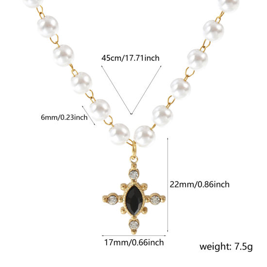 Bild von 18K Echtgold plattiert Perlenkette Kreuz Anhänger Halskette, 304 Edelstahl & Halbedelstein 45cm, Für Frauen, Transparent Strassstein Schwarz Acryl Imitat Perle, Umweltfreundliche PVD-Vakuumbeschichtung, 1 Strang