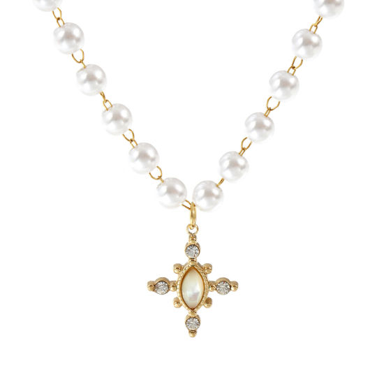 Bild von 18K Echtgold plattiert Perlenkette Kreuz Anhänger Halskette, 304 Edelstahl & Natürliche Muschel 45cm, Für Frauen, Transparent Strassstein Weiß Acryl Imitat Perle, Umweltfreundliche PVD-Vakuumbeschichtung, 1 Strang