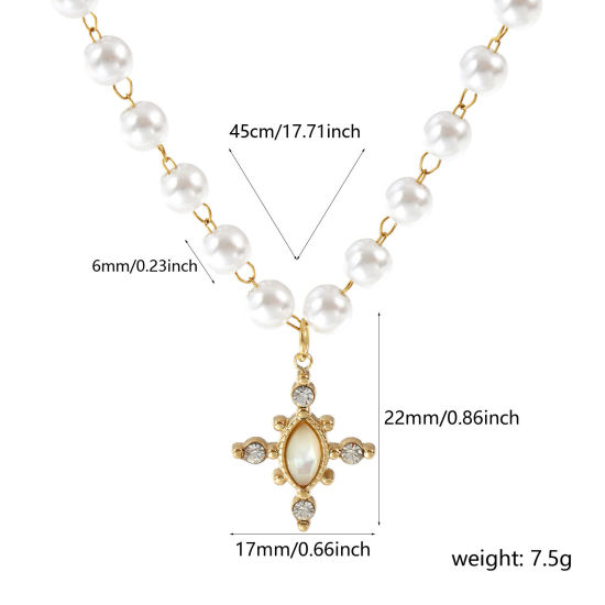 Bild von 18K Echtgold plattiert Perlenkette Kreuz Anhänger Halskette, 304 Edelstahl & Natürliche Muschel 45cm, Für Frauen, Transparent Strassstein Weiß Acryl Imitat Perle, Umweltfreundliche PVD-Vakuumbeschichtung, 1 Strang