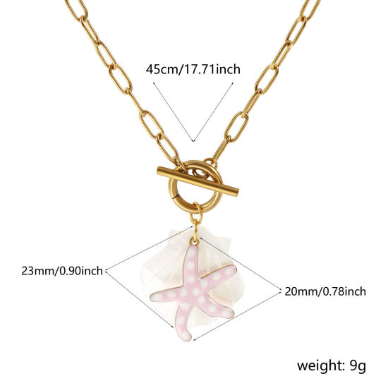 Bild von 18K Echtgold plattiert Büroklammerkette Seesterne Anhänger Halskette, 304 Edelstahl & Natürliche Muschel 45cm, Für Frauen, Hellrosa Doppelseitige Emaille, Ozean Schmuck Umweltfreundliche PVD-Vakuumbeschichtung, 1 Strang