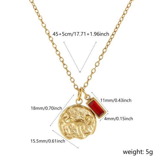 Bild von 18K Echtgold plattiert Kreuz Gliederketten Disc Anhänger Halskette, 304 Edelstahl 45cm + 5cm, Rotweinfarben Zirkonia Sternbild Steinbock Januar Monatsstein Umweltfreundliche PVD-Vakuumbeschichtung, 1 Strang