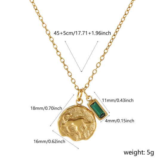 Bild von 18K Echtgold plattiert Kreuz Gliederketten Disc Anhänger Halskette, 304 Edelstahl 45cm + 5cm, Dunkelgrün Zirkonia Sternbild Stier Mai Monatsstein Umweltfreundliche PVD-Vakuumbeschichtung, 1 Strang