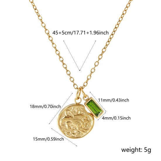 Bild von 18K Echtgold plattiert Kreuz Gliederketten Disc Anhänger Halskette, 304 Edelstahl 45cm + 5cm, Olivgrün Zirkonia Sternbild Löwe August Monatsstein Umweltfreundliche PVD-Vakuumbeschichtung, 1 Strang