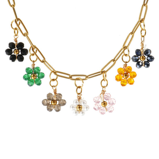 Bild von 18K Echtgold plattiert Büroklammerkette Blumen Anhänger Halskette, 304 Edelstahl & Quarzkristall 42cm + 5cm, Für Frauen, Bunt Elegant Pastoraler Stil Geschenk, Umweltfreundliche PVD-Vakuumbeschichtung, 1 Strang