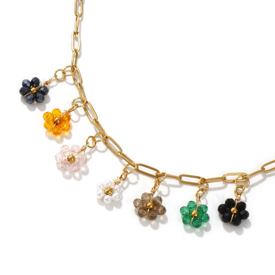 Bild von 18K Echtgold plattiert Büroklammerkette Blumen Anhänger Halskette, 304 Edelstahl & Quarzkristall 42cm + 5cm, Für Frauen, Bunt Elegant Pastoraler Stil Geschenk, Umweltfreundliche PVD-Vakuumbeschichtung, 1 Strang