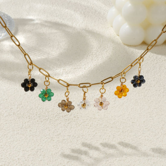 Bild von 18K Echtgold plattiert Büroklammerkette Blumen Anhänger Halskette, 304 Edelstahl & Quarzkristall 42cm + 5cm, Für Frauen, Bunt Elegant Pastoraler Stil Geschenk, Umweltfreundliche PVD-Vakuumbeschichtung, 1 Strang