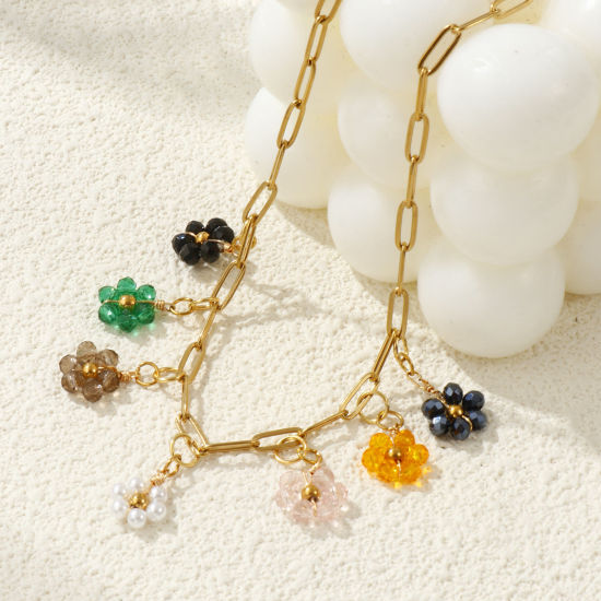 Bild von 18K Echtgold plattiert Büroklammerkette Blumen Anhänger Halskette, 304 Edelstahl & Quarzkristall 42cm + 5cm, Für Frauen, Bunt Elegant Pastoraler Stil Geschenk, Umweltfreundliche PVD-Vakuumbeschichtung, 1 Strang