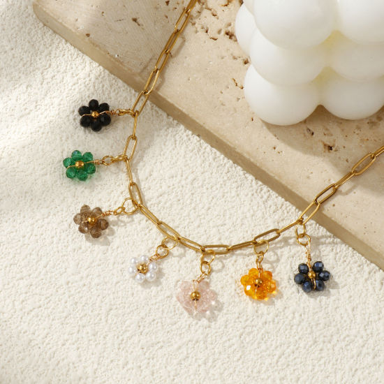 Bild von 18K Echtgold plattiert Büroklammerkette Blumen Anhänger Halskette, 304 Edelstahl & Quarzkristall 42cm + 5cm, Für Frauen, Bunt Elegant Pastoraler Stil Geschenk, Umweltfreundliche PVD-Vakuumbeschichtung, 1 Strang