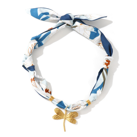 Bild von 18K Echtgold plattiert Libellen Anhänger Charm Schal Kette, 304 Edelstahl & Polyester 80cm, Für Frauen, Lilie Dunkelblau Elegant Pastoraler Stil Geschenk, Umweltfreundliche PVD-Vakuumbeschichtung, 1 Strang