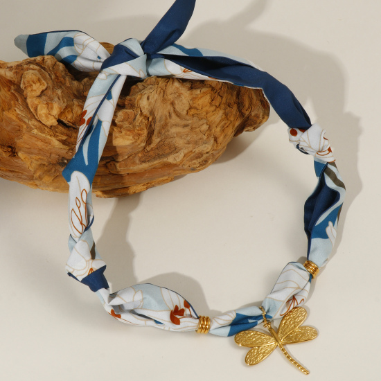 Bild von 18K Echtgold plattiert Libellen Anhänger Charm Schal Kette, 304 Edelstahl & Polyester 80cm, Für Frauen, Lilie Dunkelblau Elegant Pastoraler Stil Geschenk, Umweltfreundliche PVD-Vakuumbeschichtung, 1 Strang