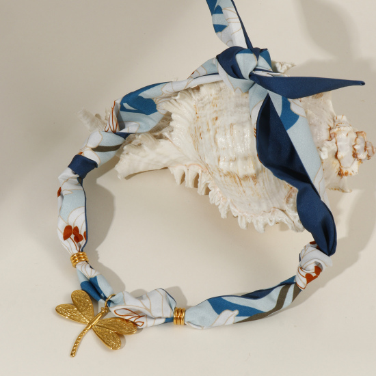 Bild von 18K Echtgold plattiert Libellen Anhänger Charm Schal Kette, 304 Edelstahl & Polyester 80cm, Für Frauen, Lilie Dunkelblau Elegant Pastoraler Stil Geschenk, Umweltfreundliche PVD-Vakuumbeschichtung, 1 Strang