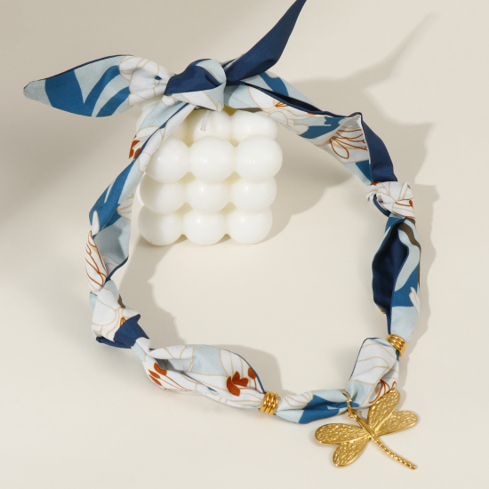 Bild von 18K Echtgold plattiert Libellen Anhänger Charm Schal Kette, 304 Edelstahl & Polyester 80cm, Für Frauen, Lilie Dunkelblau Elegant Pastoraler Stil Geschenk, Umweltfreundliche PVD-Vakuumbeschichtung, 1 Strang