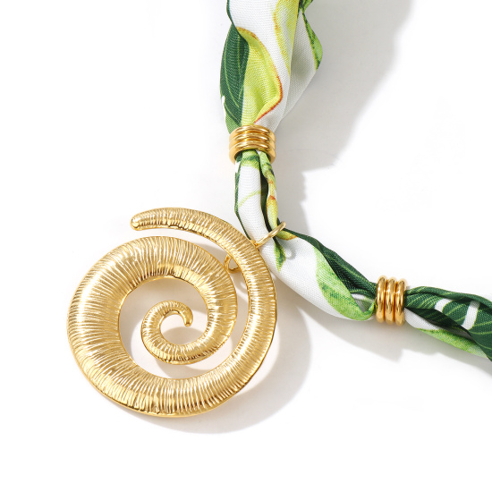 Bild von 18K Echtgold plattiert Spiral Anhänger Charm Schal Kette, 304 Edelstahl & Polyester 80cm, Für Frauen, Blätter Grün Elegant Pastoraler Stil Geschenk, Umweltfreundliche PVD-Vakuumbeschichtung, 1 Strang
