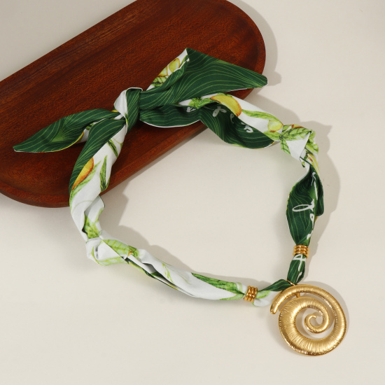 Bild von 18K Echtgold plattiert Spiral Anhänger Charm Schal Kette, 304 Edelstahl & Polyester 80cm, Für Frauen, Blätter Grün Elegant Pastoraler Stil Geschenk, Umweltfreundliche PVD-Vakuumbeschichtung, 1 Strang