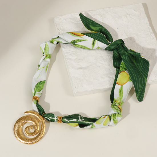 Bild von 18K Echtgold plattiert Spiral Anhänger Charm Schal Kette, 304 Edelstahl & Polyester 80cm, Für Frauen, Blätter Grün Elegant Pastoraler Stil Geschenk, Umweltfreundliche PVD-Vakuumbeschichtung, 1 Strang