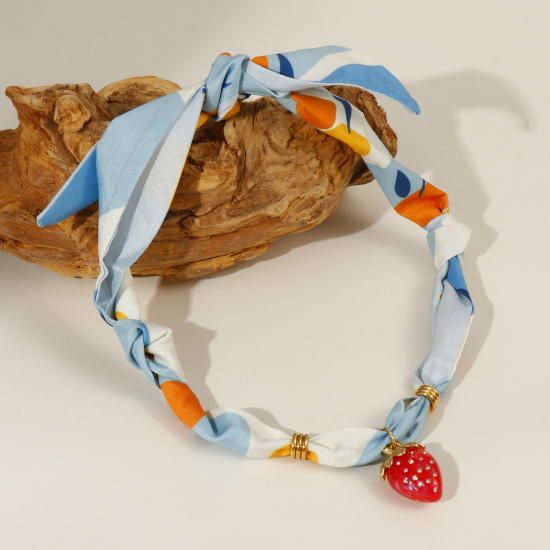 Bild von 18K Echtgold plattiert Erdbeeren Anhänger Charm Schal Kette, 304 Edelstahl & Polyester 80cm, Für Frauen, Bunt Elegant Pastoraler Stil Geschenk, Umweltfreundliche PVD-Vakuumbeschichtung, 1 Strang