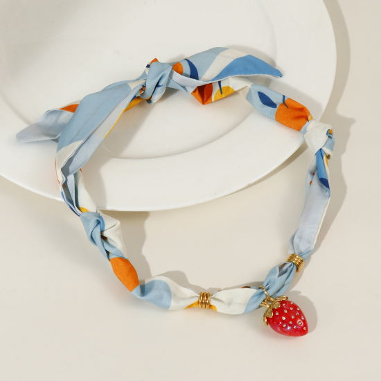 Bild von 18K Echtgold plattiert Erdbeeren Anhänger Charm Schal Kette, 304 Edelstahl & Polyester 80cm, Für Frauen, Bunt Elegant Pastoraler Stil Geschenk, Umweltfreundliche PVD-Vakuumbeschichtung, 1 Strang