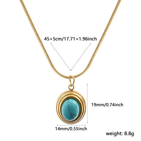 Immagine di 18K Vero Oro Placcato Catena a Serpentina Quadrata Ovale Collana con Ciondolo, 304 Acciaio Inossidabile 45cm + 5cm, Per Donne, Verde Blu Con Resina Cabochon Imitazione Turchese, Stile Bohemien Stile Etnico Regalo, Placcatura Sottovuoto PVD Ecologica, 1 Pz