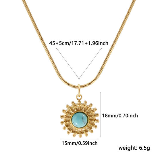 Immagine di 18K Vero Oro Placcato Catena a Serpentina Quadrata Sole Collana con Ciondolo, 304 Acciaio Inossidabile 45cm + 5cm, Per Donne, Verde Blu Con Resina Cabochon Imitazione Turchese, Stile Bohemien Stile Etnico Regalo, Placcatura Sottovuoto PVD Ecologica, 1 Pz