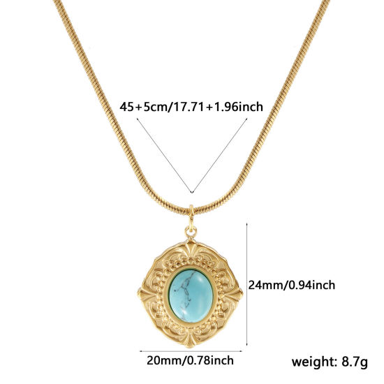 Immagine di 18K Vero Oro Placcato Catena a Serpentina Quadrata Ovale Collana con Ciondolo, 304 Acciaio Inossidabile 45cm + 5cm, Per Donne, Verde Blu Con Resina Cabochon Imitazione Turchese, Stile Bohemien Stile Etnico Regalo, Placcatura Sottovuoto PVD Ecologica, 1 Pz