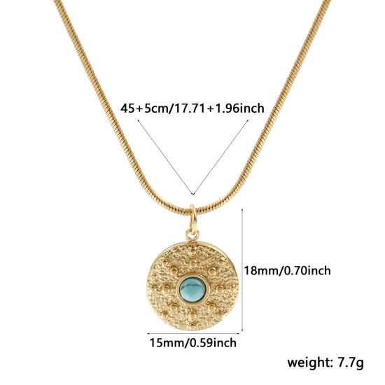 Immagine di 18K Vero Oro Placcato Catena a Serpentina Quadrata Tondo Collana con Ciondolo, 304 Acciaio Inossidabile 45cm + 5cm, Per Donne, Sole Verde Blu Con Resina Cabochon Imitazione Turchese, Stile Bohemien Stile Etnico Regalo, Placcatura Sottovuoto PVD Ecologica, 1 Pz