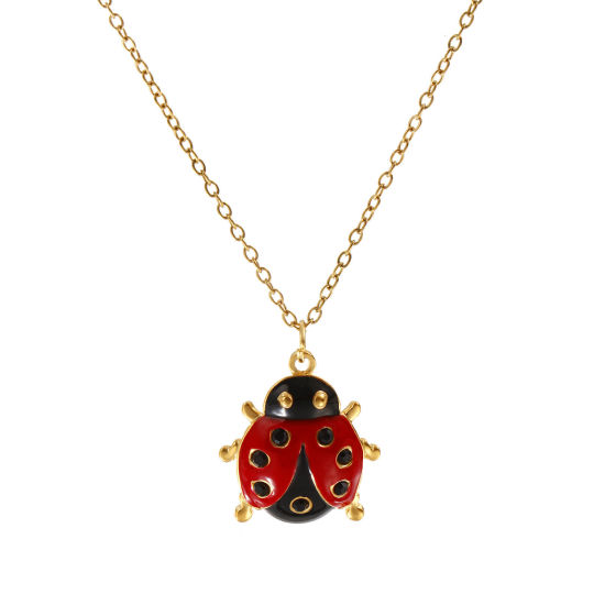 Изображение 18K настоящее золото с покрытием Кабельные Цепи Божья Коровка Ожерелье с подвеской, 304 Нержавеющая Сталь 45см + 5см, Для женщин, Черный Стразы Красный С Эмалью Насекомое Натуральная пастырская подарок, Экологичное вакуумное PVD-покрытие, 1 ШТ