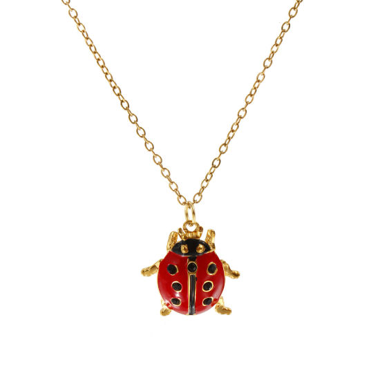Изображение 18K настоящее золото с покрытием Кабельные Цепи Божья Коровка Ожерелье с подвеской, 304 Нержавеющая Сталь 45см + 5см, Для женщин, Черный Стразы Красный С Эмалью Насекомое Натуральная пастырская подарок, Экологичное вакуумное PVD-покрытие, 1 ШТ