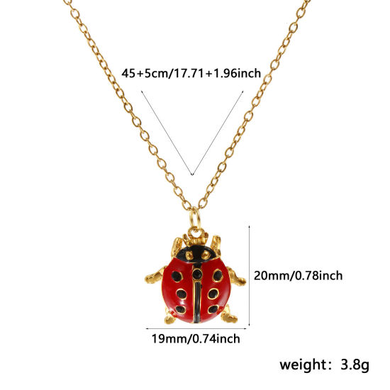 Изображение 18K настоящее золото с покрытием Кабельные Цепи Божья Коровка Ожерелье с подвеской, 304 Нержавеющая Сталь 45см + 5см, Для женщин, Черный Стразы Красный С Эмалью Насекомое Натуральная пастырская подарок, Экологичное вакуумное PVD-покрытие, 1 ШТ