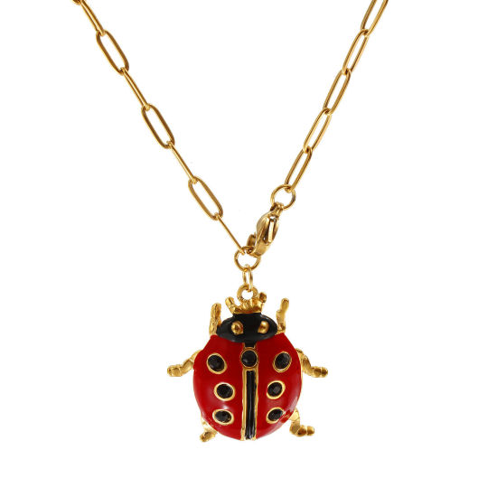 Изображение 18K настоящее золото с покрытием Цепочка зажимов Божья Коровка Ожерелье с подвеской, 304 Нержавеющая Сталь 60см, Для женщин, Черный Стразы Красный С Эмалью Насекомое Натуральная пастырская подарок, Экологичное вакуумное PVD-покрытие, 1 ШТ