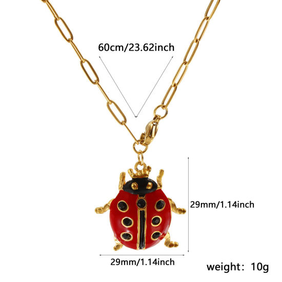 Изображение 18K настоящее золото с покрытием Цепочка зажимов Божья Коровка Ожерелье с подвеской, 304 Нержавеющая Сталь 60см, Для женщин, Черный Стразы Красный С Эмалью Насекомое Натуральная пастырская подарок, Экологичное вакуумное PVD-покрытие, 1 ШТ