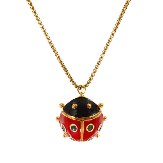 Изображение 18K настоящее золото с покрытием Коробка Цепь Божья Коровка Ожерелье с подвеской, 304 Нержавеющая Сталь 45см + 5см, Для женщин, Красный С Эмалью Насекомое Натуральная пастырская подарок, Экологичное вакуумное PVD-покрытие, 1 ШТ