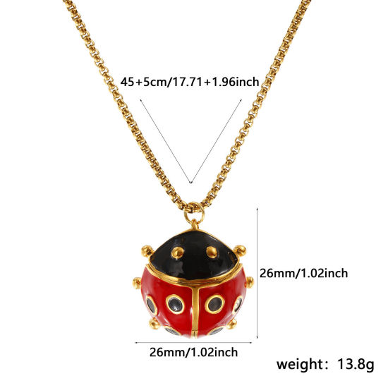 Изображение 18K настоящее золото с покрытием Коробка Цепь Божья Коровка Ожерелье с подвеской, 304 Нержавеющая Сталь 45см + 5см, Для женщин, Красный С Эмалью Насекомое Натуральная пастырская подарок, Экологичное вакуумное PVD-покрытие, 1 ШТ