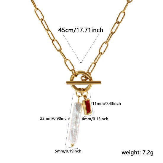 Bild von 18K Echtgold plattiert Büroklammerkette Rechteck Anhänger Halskette, 304 Edelstahl & Naturperle 45cm, Für Frauen, Rotweinfarben Zirkonia Weiß Januar Monatsstein Barock Geschenk, Umweltfreundliche PVD-Vakuumbeschichtung, 1 Strang