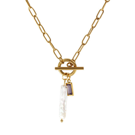 Bild von 18K Echtgold plattiert Büroklammerkette Rechteck Anhänger Halskette, 304 Edelstahl & Naturperle 45cm, Für Frauen, Lila Zirkonia Weiß Februar Monatsstein Barock Geschenk, Umweltfreundliche PVD-Vakuumbeschichtung, 1 Strang
