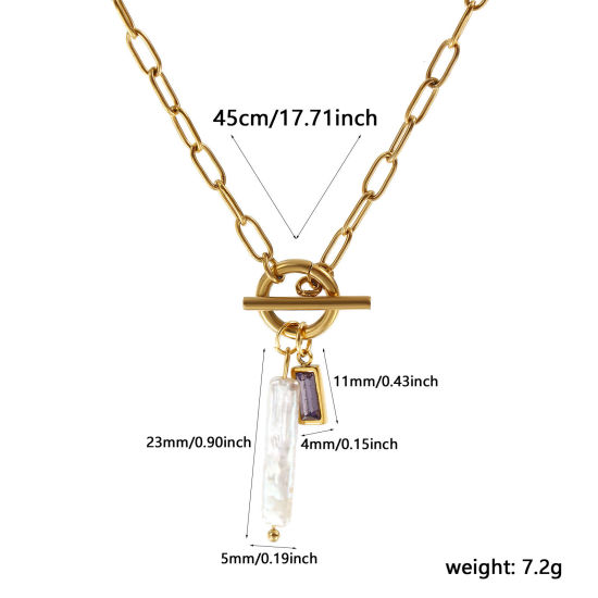 Bild von 18K Echtgold plattiert Büroklammerkette Rechteck Anhänger Halskette, 304 Edelstahl & Naturperle 45cm, Für Frauen, Lila Zirkonia Weiß Februar Monatsstein Barock Geschenk, Umweltfreundliche PVD-Vakuumbeschichtung, 1 Strang