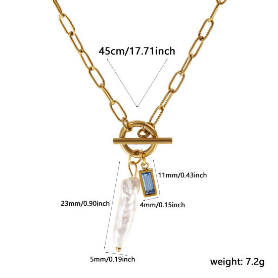 Bild von 18K Echtgold plattiert Büroklammerkette Rechteck Anhänger Halskette, 304 Edelstahl & Naturperle 45cm, Für Frauen, Aquamarinblau Zirkonia Weiß März Monatsstein Barock Geschenk, Umweltfreundliche PVD-Vakuumbeschichtung, 1 Strang