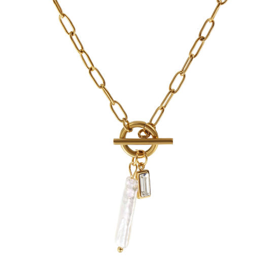 Bild von 18K Echtgold plattiert Büroklammerkette Rechteck Anhänger Halskette, 304 Edelstahl & Naturperle 45cm, Für Frauen, Klar Zirkonia Weiß April Monatsstein Barock Geschenk, Umweltfreundliche PVD-Vakuumbeschichtung, 1 Strang