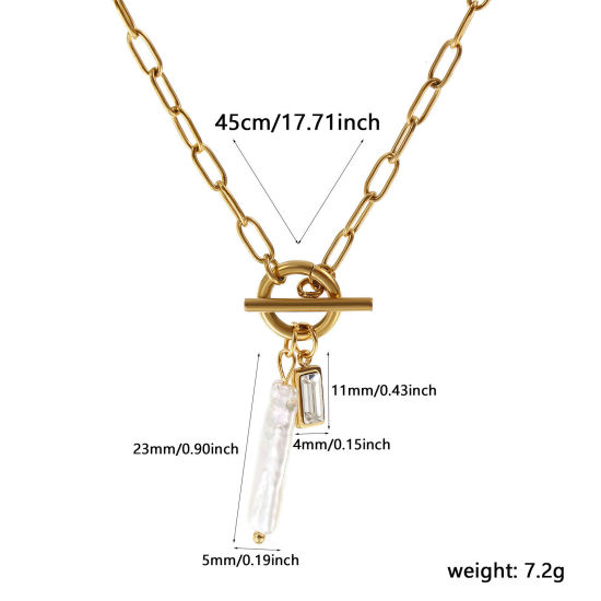 Bild von 18K Echtgold plattiert Büroklammerkette Rechteck Anhänger Halskette, 304 Edelstahl & Naturperle 45cm, Für Frauen, Klar Zirkonia Weiß April Monatsstein Barock Geschenk, Umweltfreundliche PVD-Vakuumbeschichtung, 1 Strang