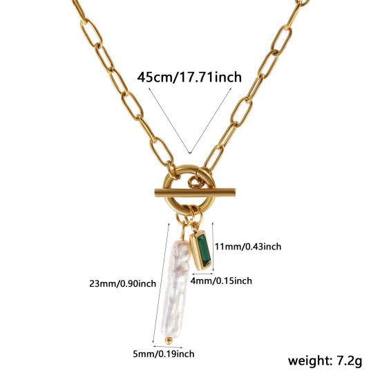 Bild von 18K Echtgold plattiert Büroklammerkette Rechteck Anhänger Halskette, 304 Edelstahl & Naturperle 45cm, Für Frauen, Dunkelgrün Zirkonia Weiß Mai Monatsstein Barock Geschenk, Umweltfreundliche PVD-Vakuumbeschichtung, 1 Strang