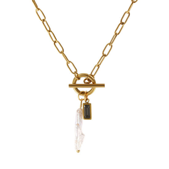 Bild von 18K Echtgold plattiert Büroklammerkette Rechteck Anhänger Halskette, 304 Edelstahl & Naturperle 45cm, Für Frauen, Grau Zirkonia Weiß Juni Monatsstein Barock Geschenk, Umweltfreundliche PVD-Vakuumbeschichtung, 1 Strang