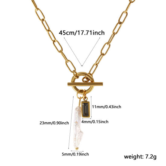 Bild von 18K Echtgold plattiert Büroklammerkette Rechteck Anhänger Halskette, 304 Edelstahl & Naturperle 45cm, Für Frauen, Grau Zirkonia Weiß Juni Monatsstein Barock Geschenk, Umweltfreundliche PVD-Vakuumbeschichtung, 1 Strang