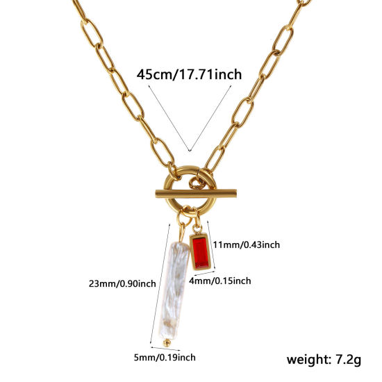 Bild von 18K Echtgold plattiert Büroklammerkette Rechteck Anhänger Halskette, 304 Edelstahl & Naturperle 45cm, Für Frauen, Rot Zirkonia Weiß Juli Monatsstein Barock Geschenk, Umweltfreundliche PVD-Vakuumbeschichtung, 1 Strang